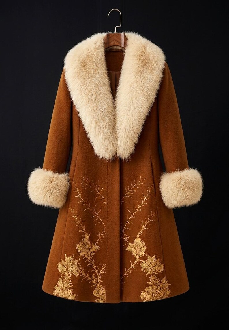 May include: A long, brown coat featuring a large, cream-colored faux fur collar and matching faux fur cuffs on the sleeves. The lower portion of the coat is decorated with intricate, gold-colored embroidery depicting delicate, leafy plant stems.