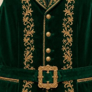 May include: A dark green velvet vest featuring intricate gold embroidery along the lapels and front panels. The garment includes four round gold buttons down the center and a matching green velvet belt secured with a large, ornate gold buckle.