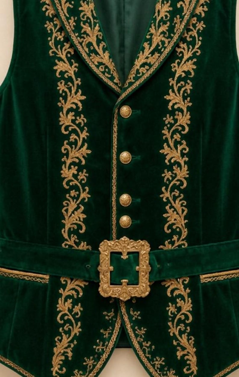 May include: A dark green velvet vest featuring intricate gold embroidery along the lapels and front panels. The garment includes four round gold buttons down the center and a matching green velvet belt secured with a large, ornate gold buckle.