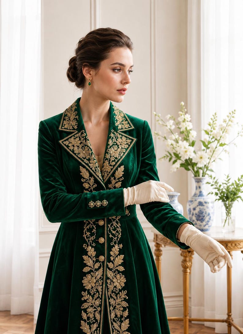 May include: A long-sleeved, floor-length emerald green velvet coat featuring intricate gold floral embroidery along the lapels and front closure. The coat includes a row of gold buttons down the center and on the cuffs, paired with cream-colored gloves.
