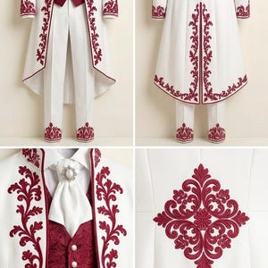 May include: A white tailcoat suit featuring deep red floral embroidery along the lapels, cuffs, and hem. The set includes a matching white pair of trousers, a deep red paisley patterned vest with white buttons, and a white cravat with a brooch.