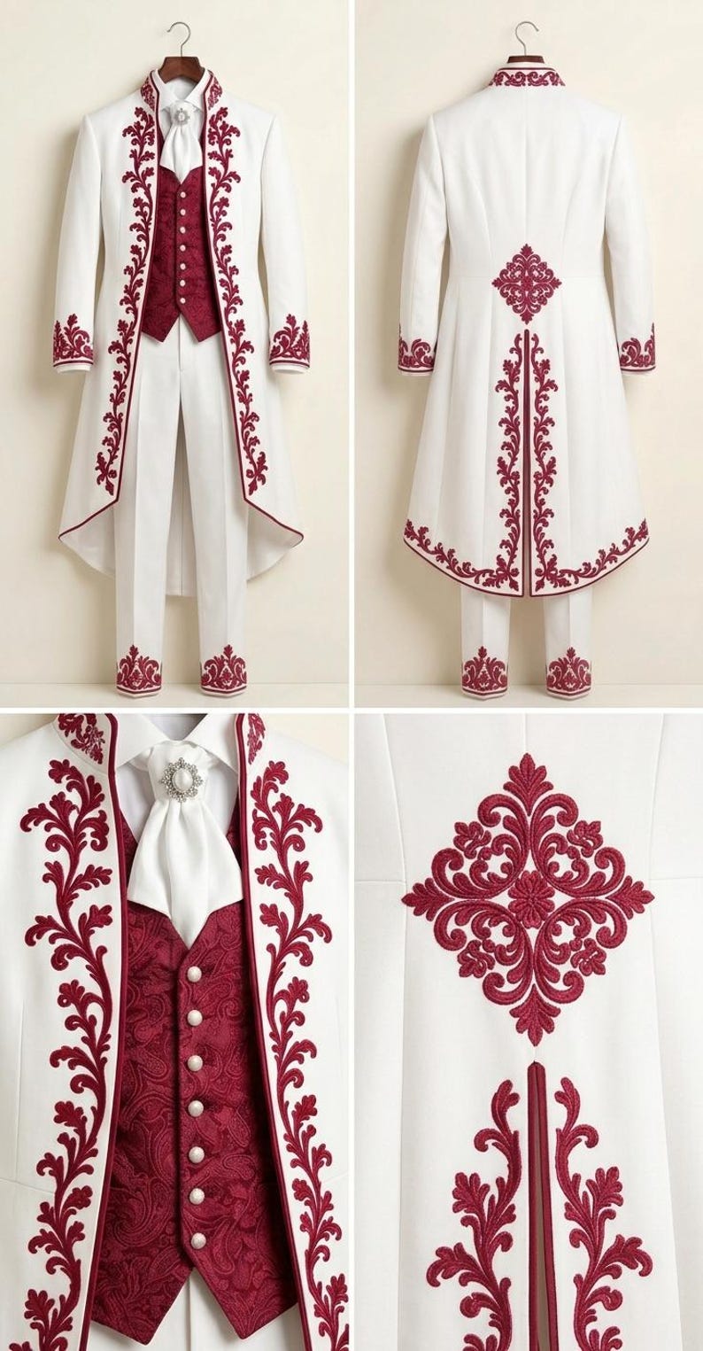 May include: A white tailcoat suit featuring deep red floral embroidery along the lapels, cuffs, and hem. The set includes a matching white pair of trousers, a deep red paisley patterned vest with white buttons, and a white cravat with a brooch.