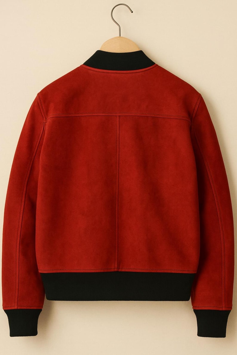 May include: A red bomber jacket with a black collar, cuffs, and hem. The jacket is hanging on a wooden hanger. The back of the jacket is visible, showing the seams and texture of the fabric.