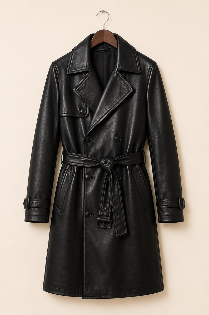 May include: A black double-breasted trench coat featuring a wide notched collar, long sleeves with buckled cuff straps, and a matching tie belt at the waist. The coat is constructed with a smooth finish and includes a storm flap on the chest.