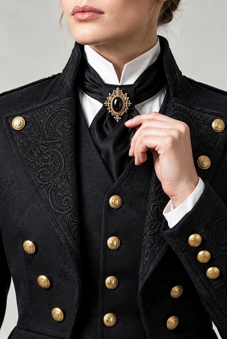 May include: A black brocade jacket featuring gold-toned embossed buttons, a white collared shirt, and a black satin cravat secured with an oval-shaped gold brooch containing a central black stone. The jacket has intricate floral patterns.