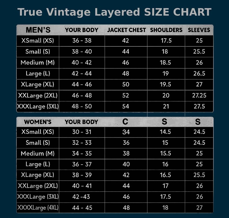 May include: A size chart for True Vintage layered clothing, with measurements for men's and women's sizes. The chart includes jacket chest, shoulder, and sleeve measurements in inches, as well as body measurements.