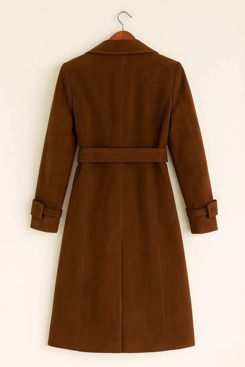 May include: A brown coat with a belt and long sleeves. The coat is hanging on a wooden hanger. The coat has a classic design with a collar and buttoned cuffs.