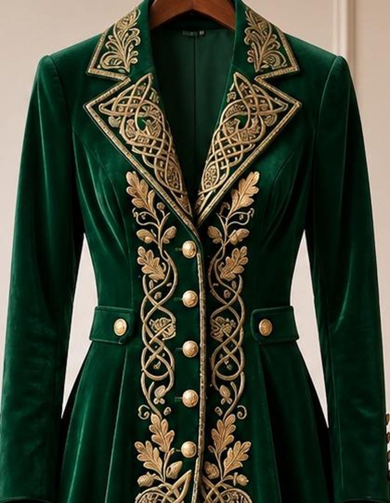 May include: A deep emerald green velvet blazer featuring intricate gold embroidery along the lapels and front panels. The garment includes a row of five gold-toned buttons down the center and two decorative pocket flaps, each accented with a single gold button.