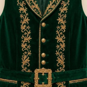May include: A dark green velvet vest featuring intricate gold embroidery along the lapels and front panels. The garment includes four round gold buttons down the center and a matching green velvet belt with a large, ornate gold rectangular buckle.