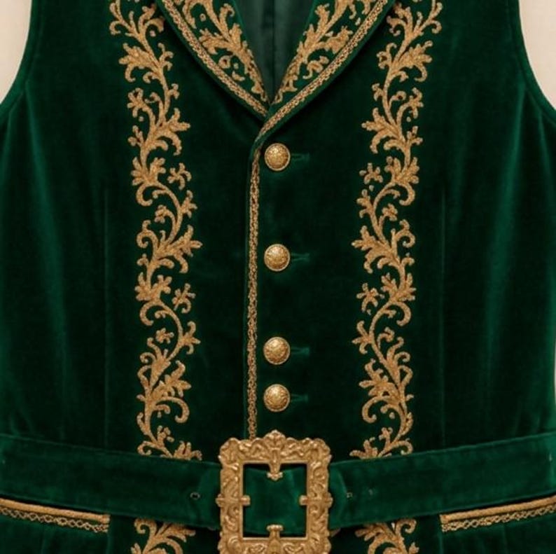 May include: A dark green velvet vest featuring intricate gold embroidery along the lapels and front panels. The garment includes four round gold buttons down the center and a matching green velvet belt with a large, ornate gold rectangular buckle.