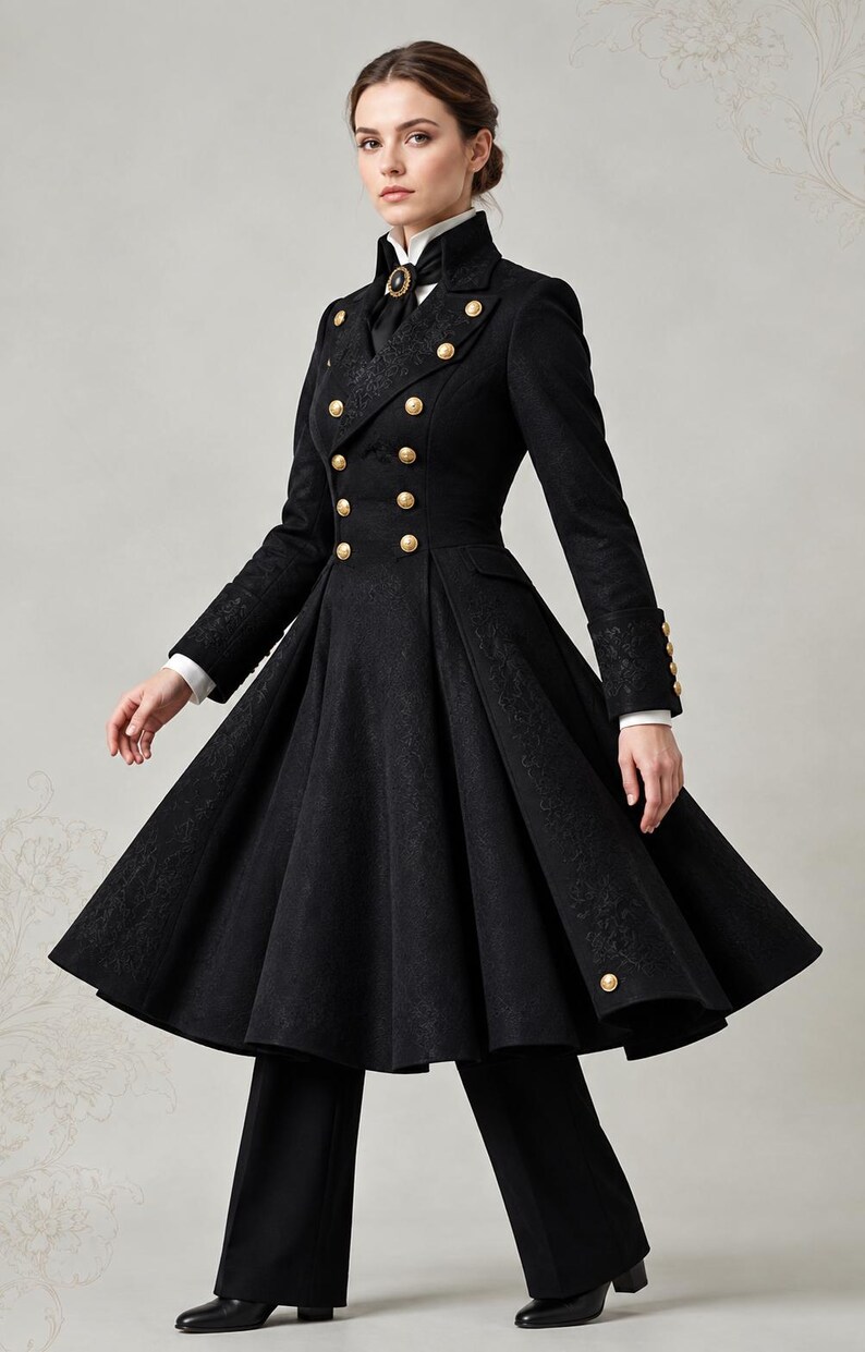 May include: A black double-breasted coat featuring a high collar, long sleeves with buttoned cuffs, and a flared skirt. The coat is adorned with gold-toned buttons and a subtle tonal floral pattern. It is worn over a white collared shirt and black trousers.