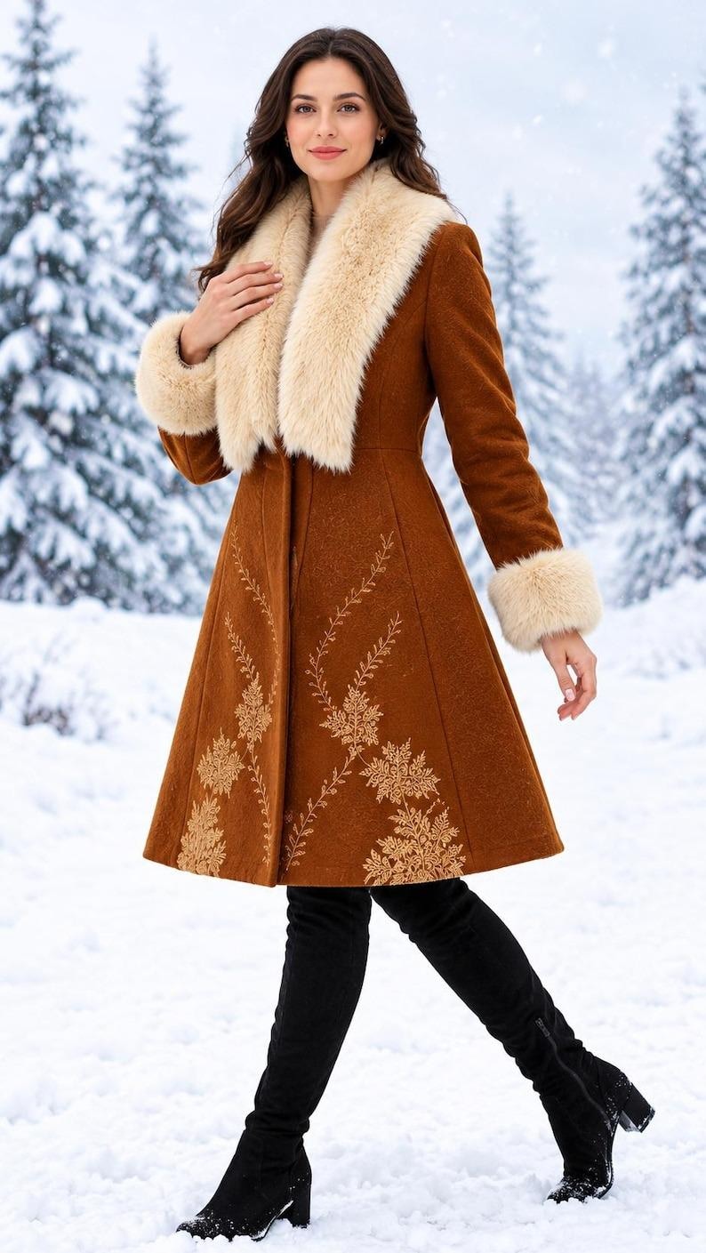 May include: A knee-length brown coat featuring a cream-colored faux fur collar and matching faux fur cuffs on the sleeves. The coat is decorated with intricate, light-colored floral embroidery patterns along the front panels and hemline.