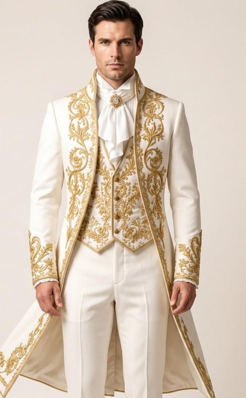 May include: A white tailcoat suit featuring intricate gold embroidery along the lapels, cuffs, and vest. The ensemble includes a white shirt with a high collar, a white cravat secured with a gold brooch, and matching white trousers.