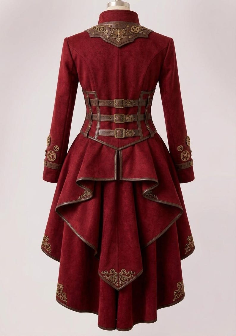 May include: A deep red long-sleeved coat featuring a high collar, brown leather-like trim, and three horizontal buckled straps at the waist. The coat has a tiered, high-low hemline and is decorated with metallic gold gear-shaped embellishments.
