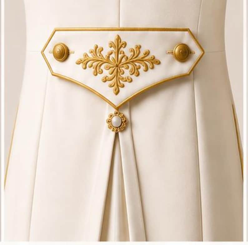 May include: A cream-colored garment featuring a wide, structured belt-like panel adorned with gold-toned embroidery in a symmetrical floral pattern. The panel includes two circular gold buttons and a central pendant with a white pearl-like bead.