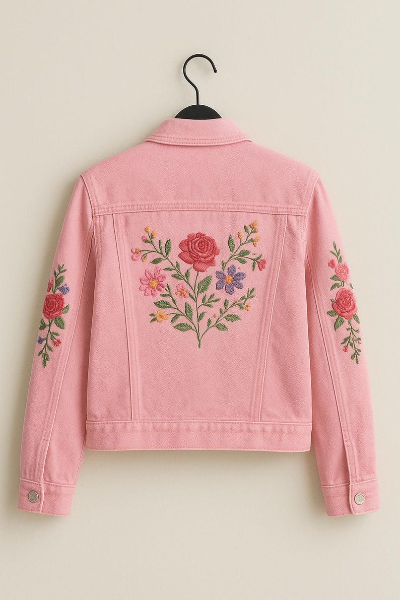 Puede incluir: Chaqueta vaquera rosa claro con bordados florales. La espalda presenta un gran ramo bordado de rosas rojas, flores rosas y moradas y hojas verdes. Dise&ntilde;os florales m&aacute;s peque&ntilde;os adornan las mangas. La chaqueta tiene un cuello cl&aacute;sico y botones.