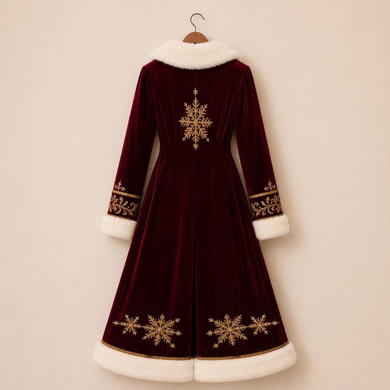 Pu&ograve; includere: Un cappotto lungo in velluto bordeaux scuro con colletto e orlo in pelliccia sintetica bianca. Il retro &egrave; decorato con motivi a fiocco di neve ricamati in oro e dettagli in filigrana intricati lungo i polsini delle maniche.