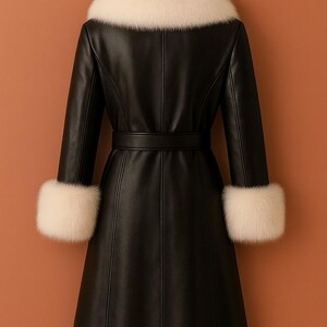 May include: A black leather coat with a white fur collar and cuffs. The coat has a belted waist and a long, flared skirt. The coat is hanging on a wooden hanger against a solid orange background. The coat is a stylish outerwear garment.