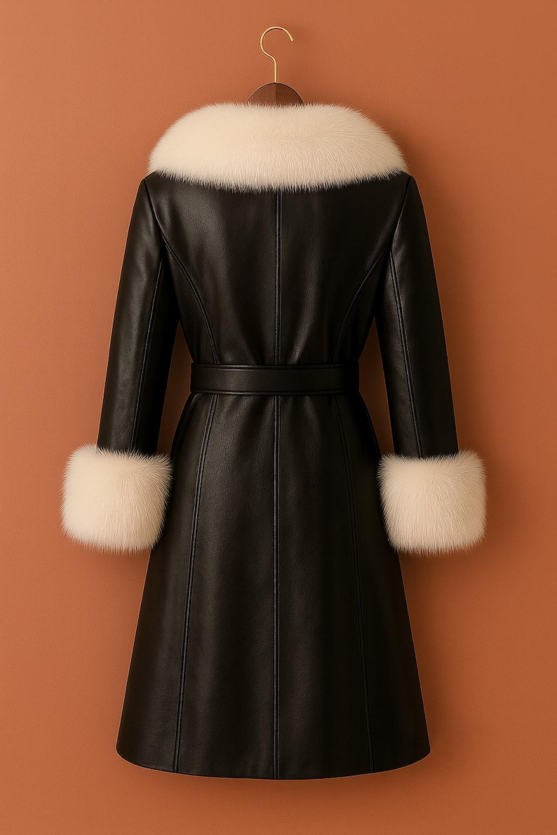 May include: A black leather coat with a white fur collar and cuffs. The coat has a belted waist and a long, flared skirt. The coat is hanging on a wooden hanger against a solid orange background. The coat is a stylish outerwear garment.