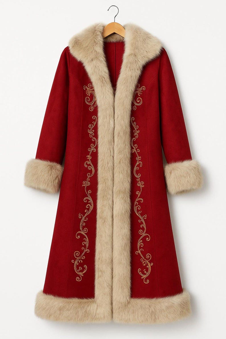 May include: A long, deep red coat featuring a thick, beige faux fur trim along the collar, front opening, cuffs, and hem. The coat is decorated with intricate, symmetrical gold-colored embroidery patterns running vertically along the front panels.