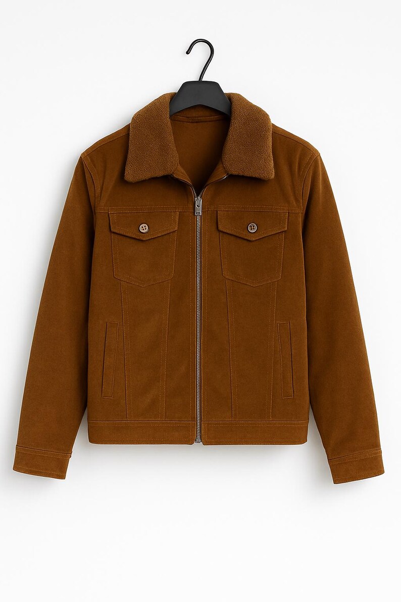 May include: A brown corduroy jacket with a sherpa collar, two chest pockets, and two side pockets. The jacket has a zip-up front and button details on the pockets. The jacket is hanging on a black hanger.