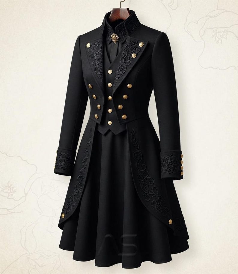 May include: A black coat with a high collar, long sleeves, and a flared skirt. The garment features gold-toned buttons, intricate black embroidery on the lapels and cuffs, and a central brooch at the neck. The design includes a vest-like front panel.
