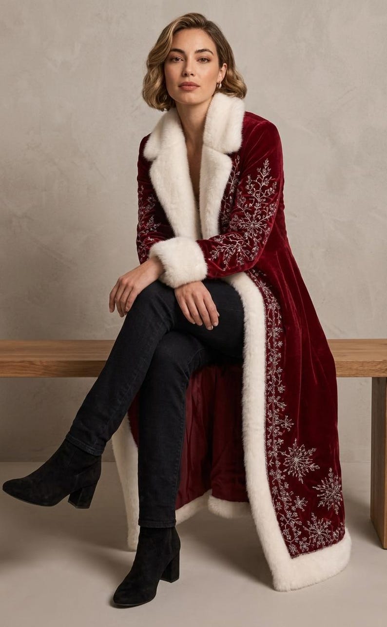May include: A long, deep red velvet coat featuring white faux fur trim along the collar, cuffs, and front opening. The coat is decorated with intricate silver embroidered snowflake and vine patterns along the sleeves and front panels.