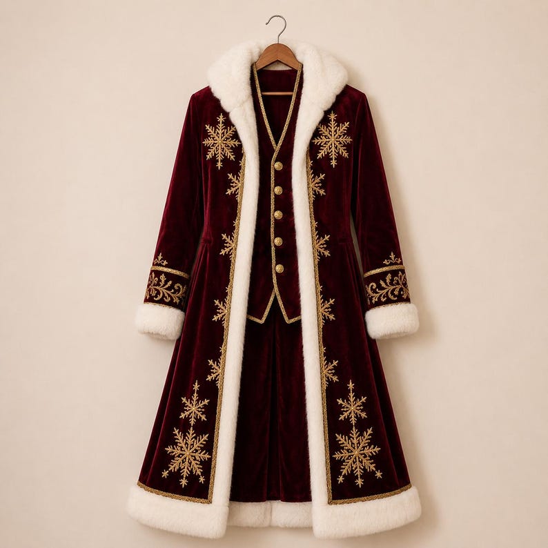 Pu&ograve; includere: Un cappotto lungo in velluto bordeaux intenso e un gilet abbinato con bordo in pelliccia sintetica bianca lungo il colletto e l'orlo. Il capo &egrave; decorato con motivi a fiocco di neve ricamati in oro e bottoni dorati sul davanti del gilet.
