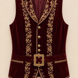 May include: A deep burgundy velvet vest featuring intricate gold floral embroidery along the lapels and front panels. The garment includes four gold-toned buttons and a prominent, ornate rectangular gold buckle at the waist with matching trim.