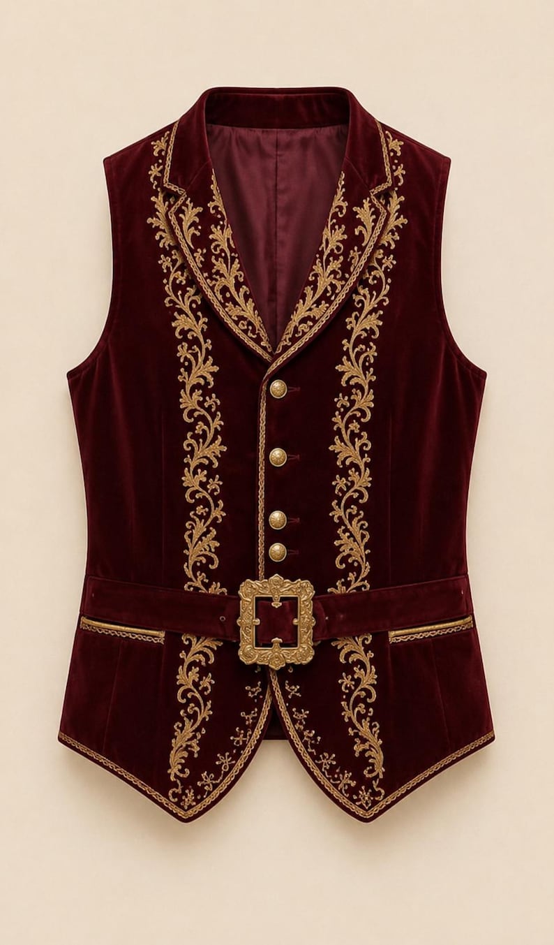 May include: A deep burgundy velvet vest featuring intricate gold floral embroidery along the lapels and front panels. The garment includes four gold-toned buttons and a prominent, ornate rectangular gold buckle at the waist with matching trim.