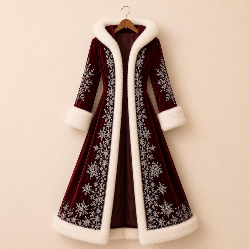 May include: A long, deep burgundy velvet coat featuring a white faux fur trim along the hood, front opening, and sleeve cuffs. The coat is decorated with intricate white snowflake embroidery patterns along the front panels and sleeves.