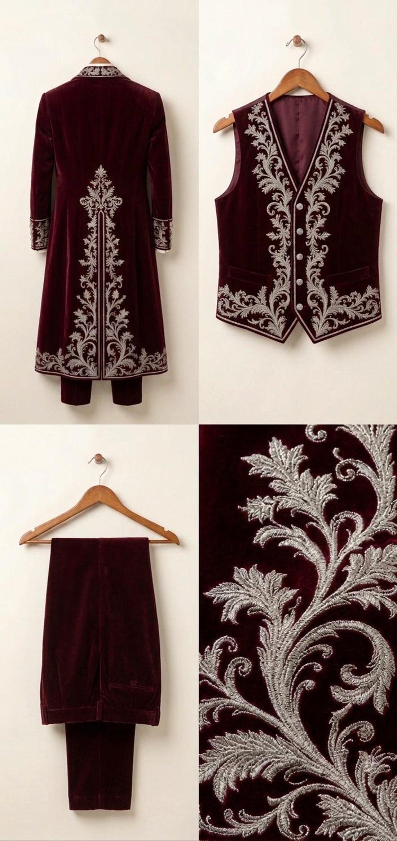 Pu&ograve; includere: Un completo a tre pezzi in velluto bordeaux scuro composto da un cappotto lungo, un gilet e pantaloni. Il cappotto e il gilet sono decorati con elaborati ricami color argento a motivi di foglie. Il gilet presenta una chiusura frontale a bottoni.