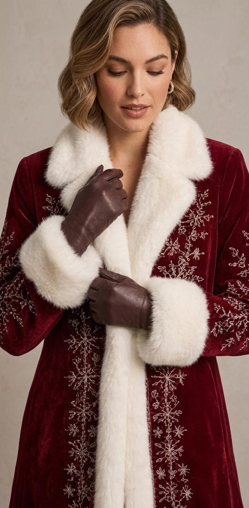 May include: A deep red velvet coat featuring a white faux fur collar and cuffs, adorned with intricate silver embroidered snowflake patterns along the front panels, paired with dark brown leather gloves that reach the wrists.