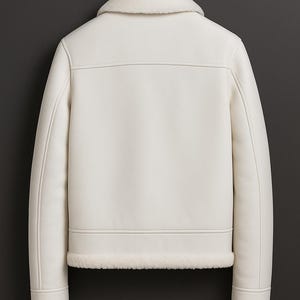 May include: Cream-colored jacket with a shearling collar and trim. The jacket is hanging on a wooden hanger against a dark gray background. The back of the jacket is visible, showing the seams and details.