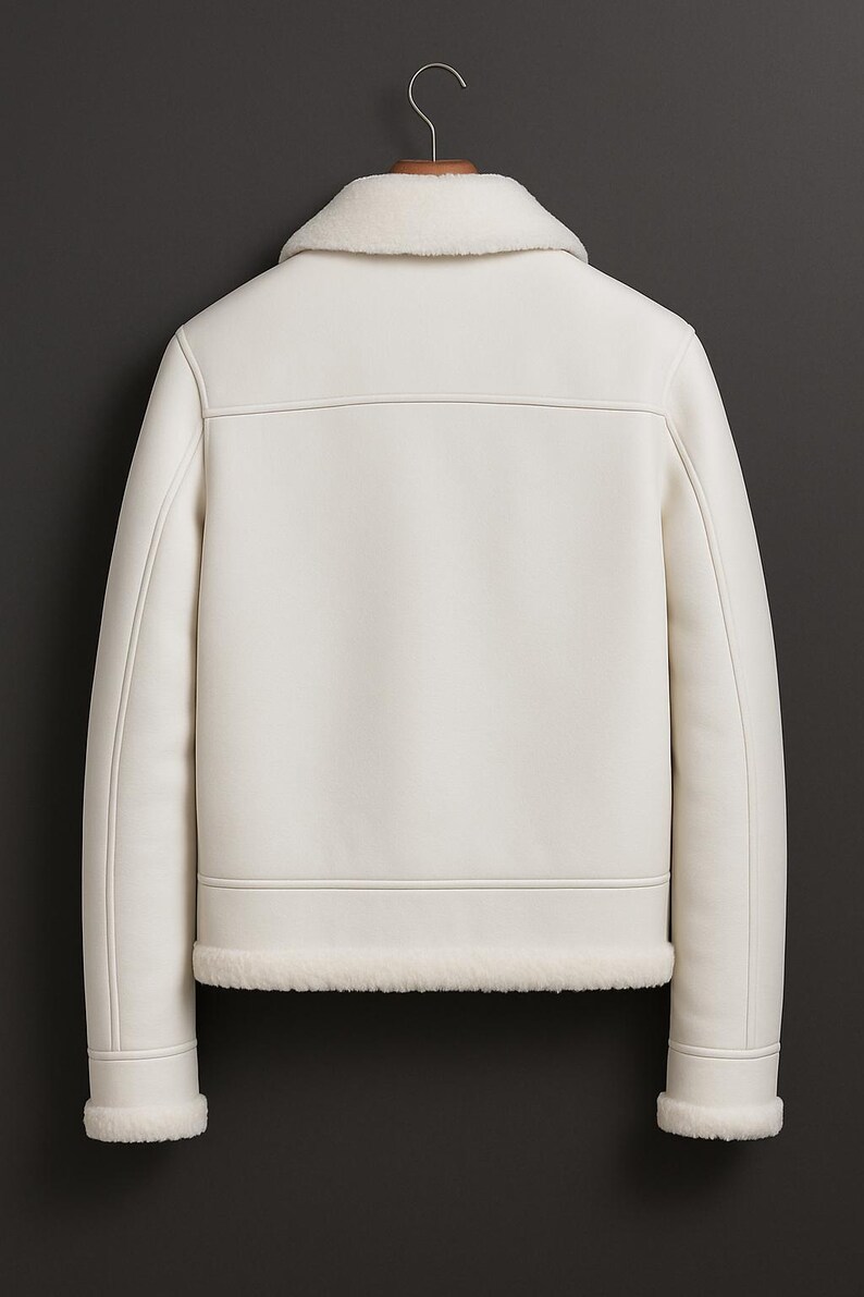 May include: Cream-colored jacket with a shearling collar and trim. The jacket is hanging on a wooden hanger against a dark gray background. The back of the jacket is visible, showing the seams and details.