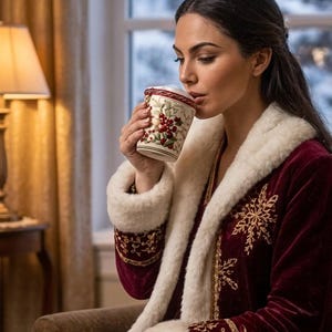 Pu&ograve; includere: Una vestaglia in velluto bordeaux intenso con colletto e polsini in pelliccia sintetica bianca, decorata con motivi a fiocco di neve ricamati in oro. &Egrave; abbinata a una tazza in ceramica con una stampa botanica di bacche rosse e foglie.