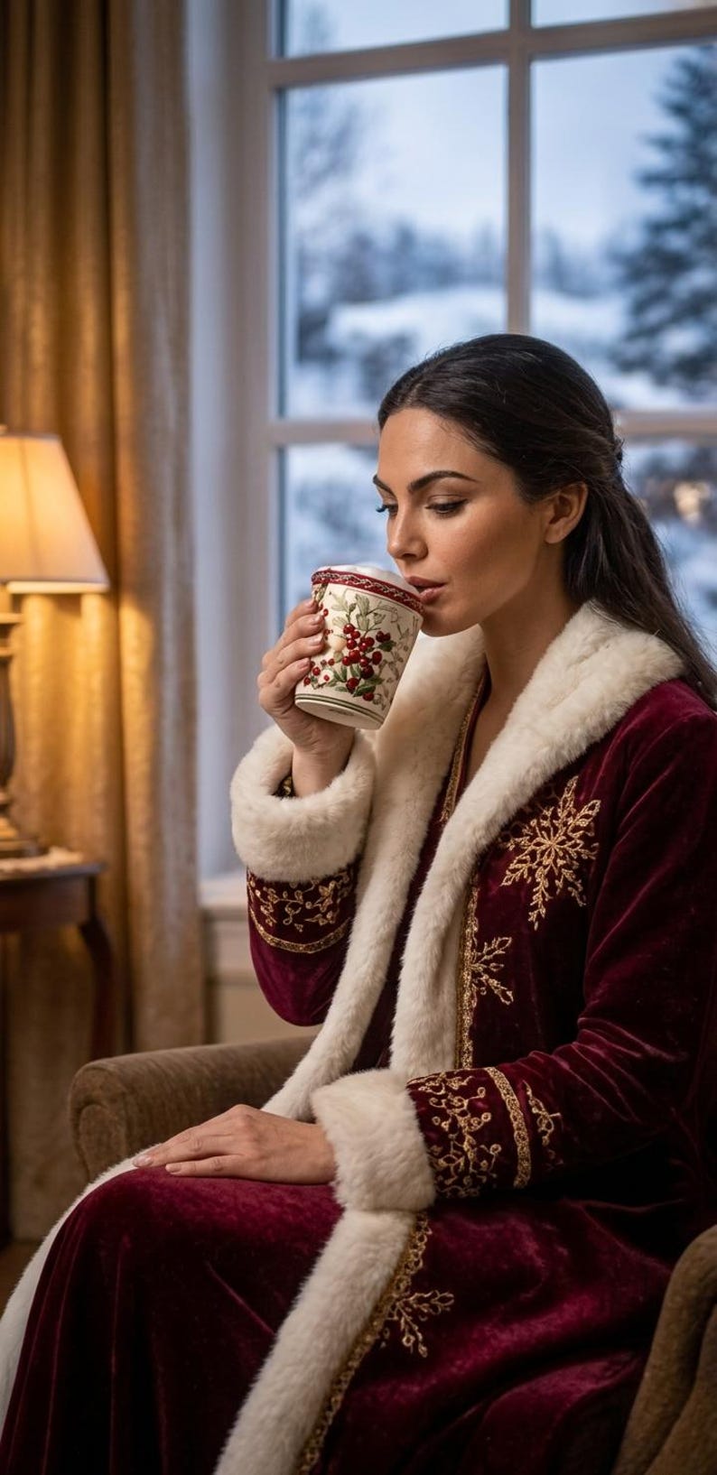 Pu&ograve; includere: Una vestaglia in velluto bordeaux intenso con colletto e polsini in pelliccia sintetica bianca, decorata con motivi a fiocco di neve ricamati in oro. &Egrave; abbinata a una tazza in ceramica con una stampa botanica di bacche rosse e foglie.