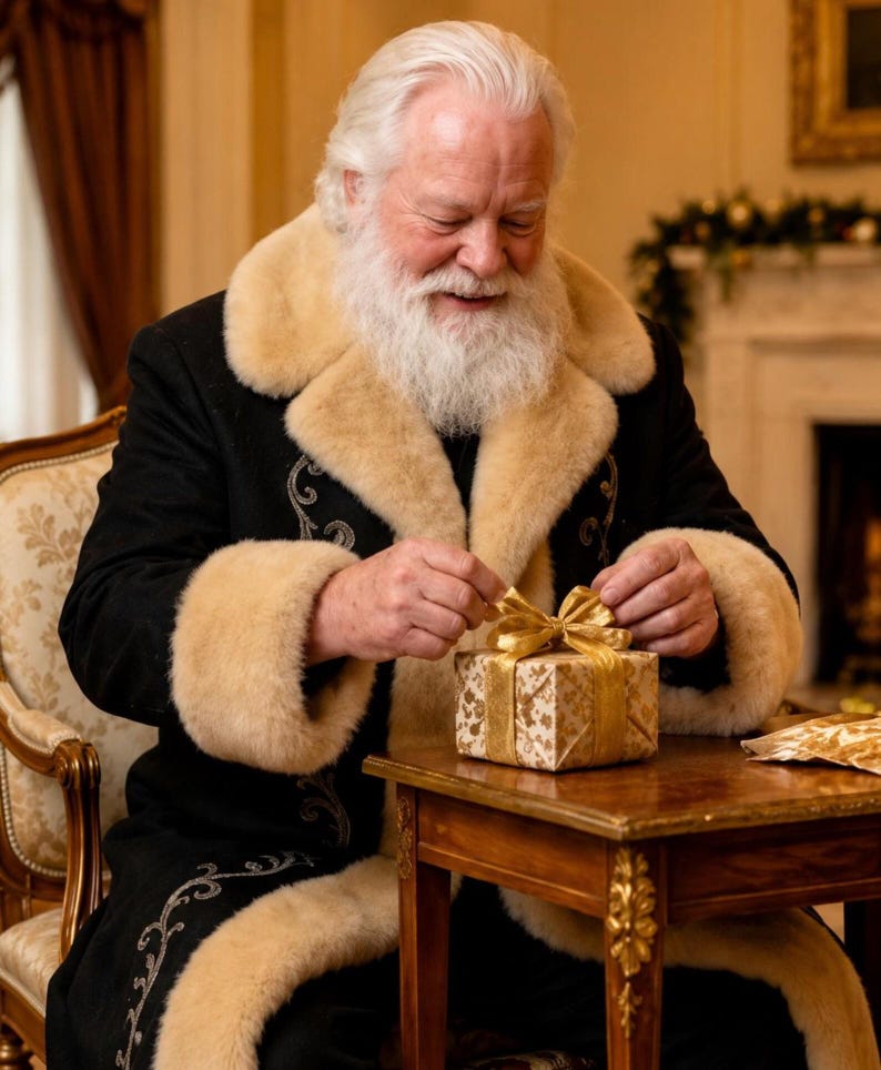 May include: A person with a white beard and hair wearing a black coat with a thick cream-colored fur collar and cuffs, featuring silver embroidery. The person is tying a gold ribbon around a small, square gift box wrapped in gold patterned paper.