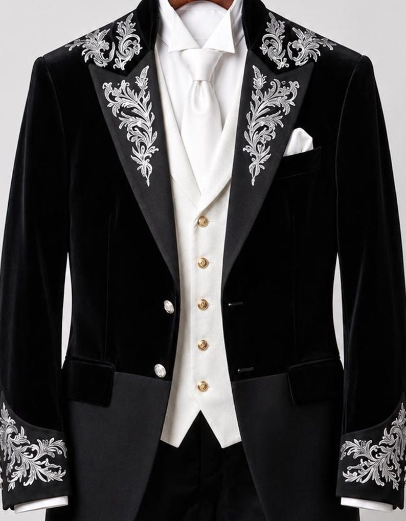 May include: A black velvet tailcoat featuring silver floral embroidery on the lapels and cuffs, paired with a white waistcoat with gold buttons, a white dress shirt, and a white necktie. The jacket has a high collar and a pocket square.