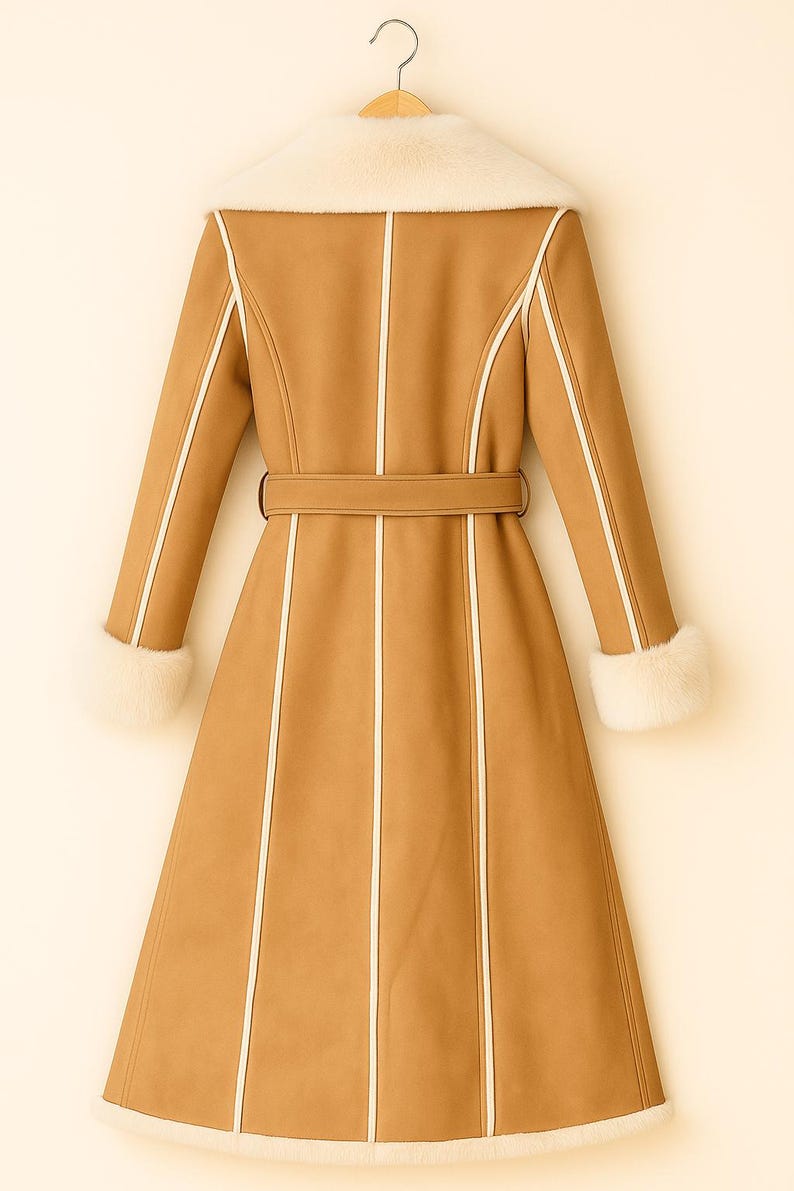 May include: A tan coat with a faux fur collar and cuffs, and a matching belt. The coat has white trim along the seams and down the front. The coat is hanging on a wooden hanger.