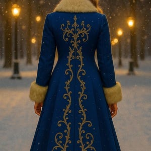 May include: A long, royal blue coat featuring a cream-colored fur collar, fur-trimmed cuffs, and a wide fur-trimmed hem. The back of the coat is decorated with an intricate, vertical gold-colored embroidery pattern that runs down the center.
