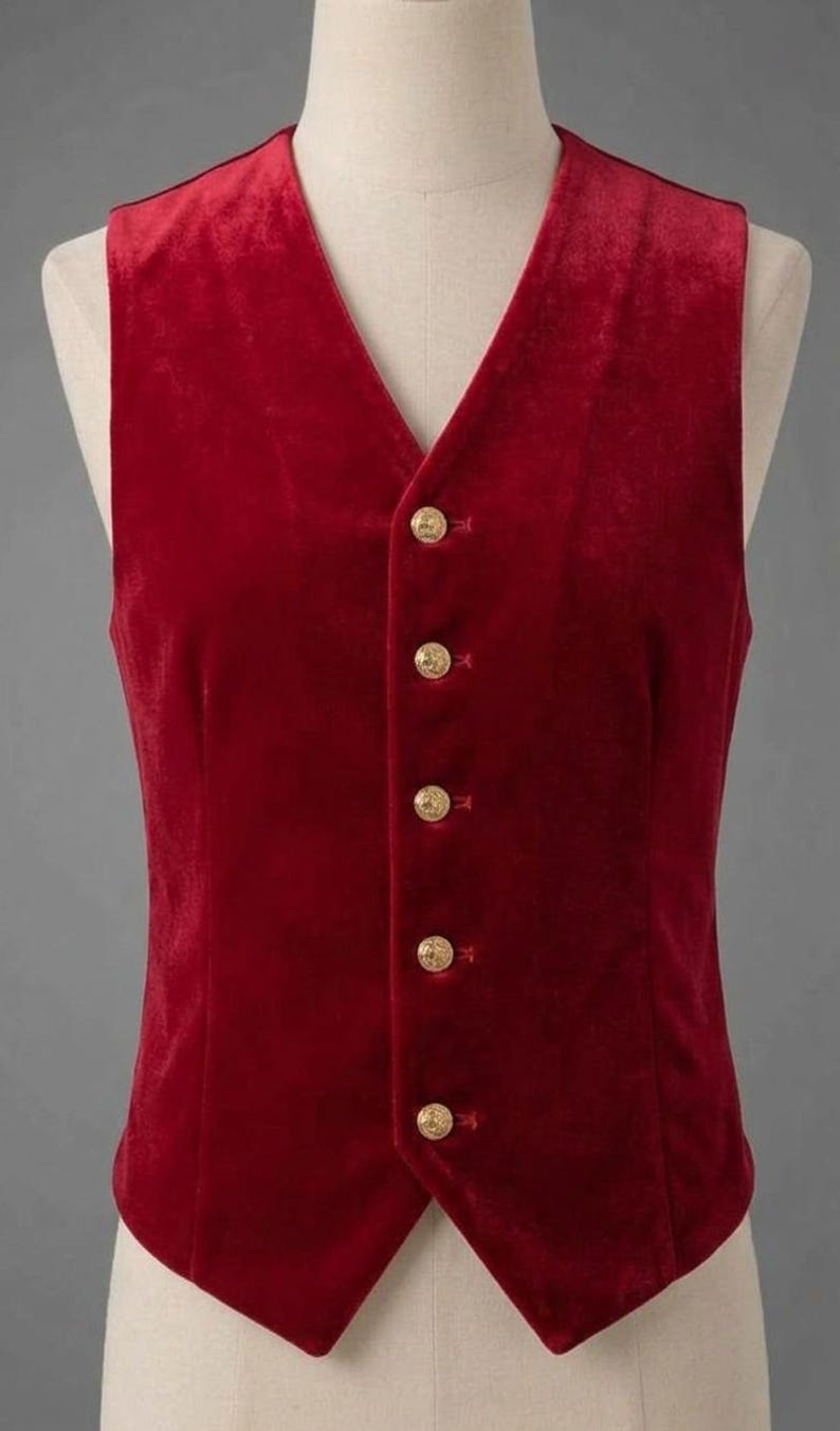 May include: A sleeveless vest made of deep red velvet fabric. The garment features a V-neckline and a front button closure with five round, metallic gold-toned buttons. The hem of the vest is pointed at the center front.