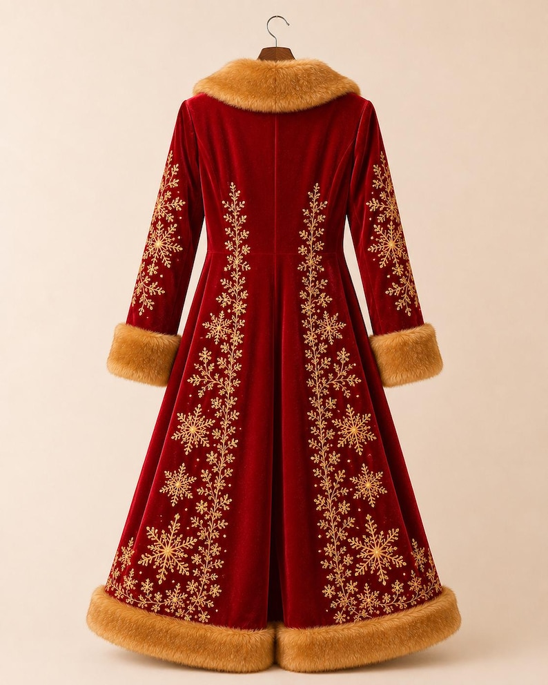May include: A long, deep red velvet coat featuring a tan faux fur collar and cuffs. The coat is decorated with intricate gold embroidery in snowflake and vine patterns along the sleeves and the full-length skirt, hanging on a wooden hanger.