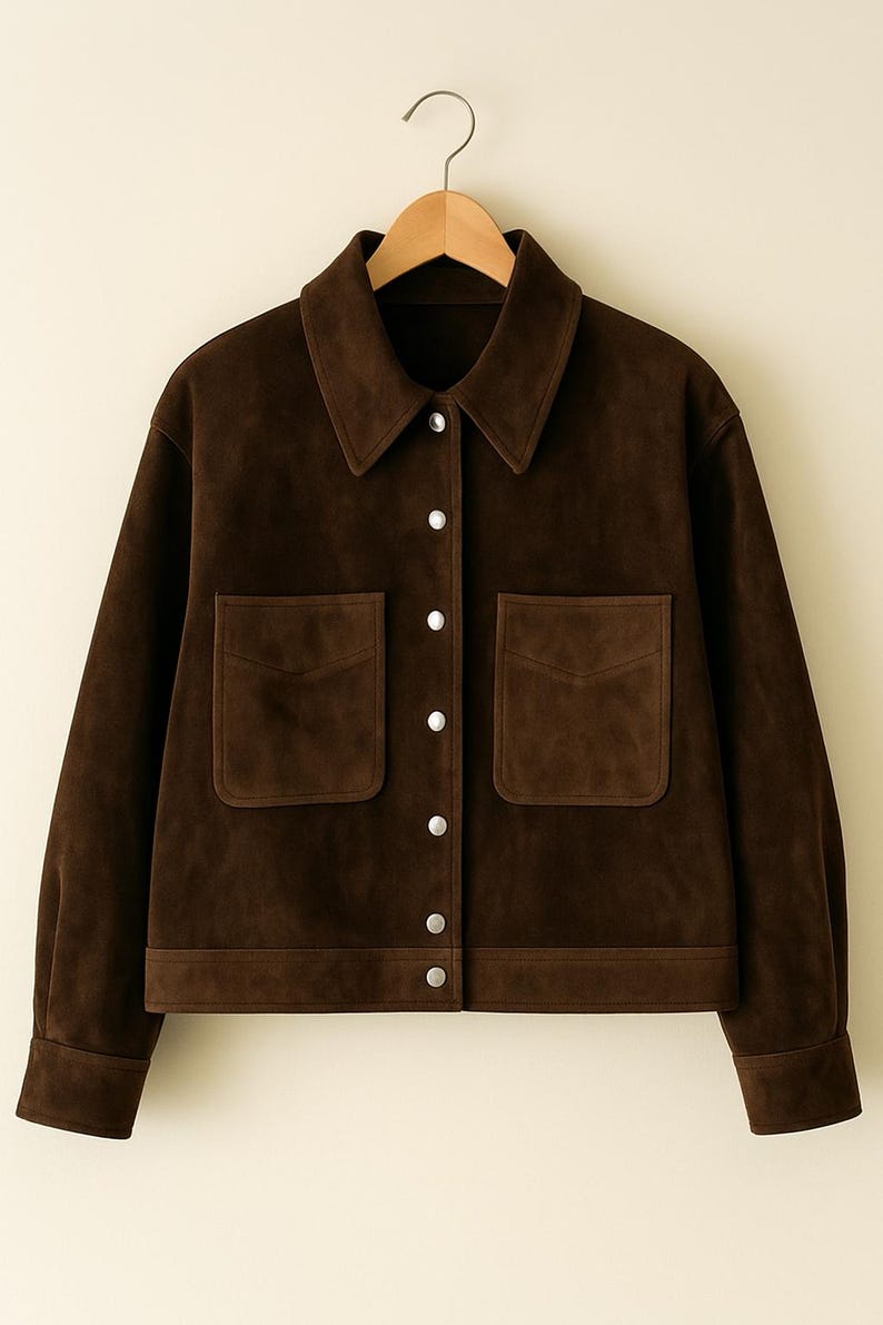 May include: A dark brown suede jacket with a traditional collar and two front pockets. The jacket features a button closure with silver buttons and is displayed on a wooden hanger.