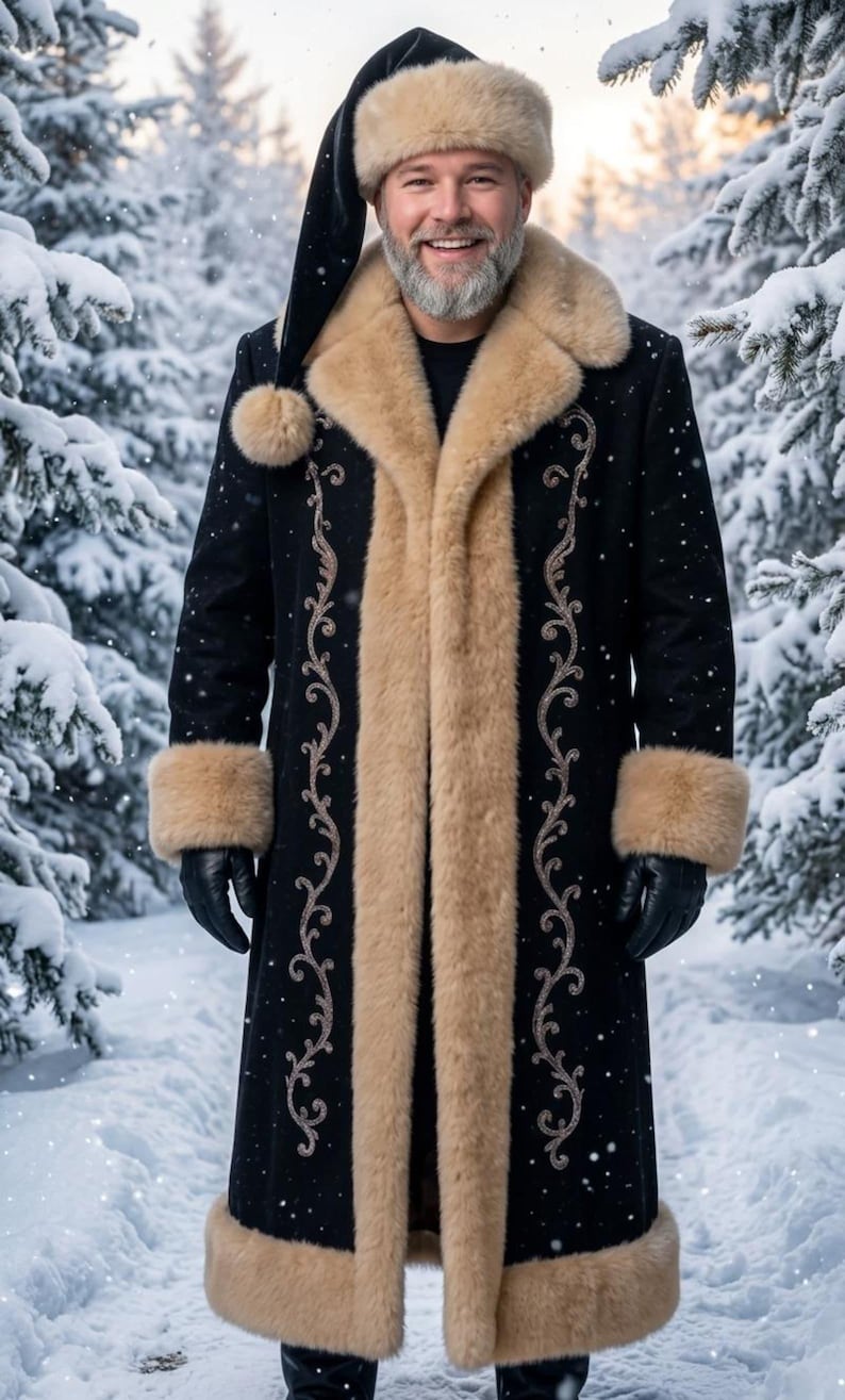 May include: A long black coat with tan faux fur trim on the collar, cuffs, and hem, featuring intricate silver embroidery along the front panels. The coat is paired with a matching black hat with a tan fur band and a dangling pom-pom.