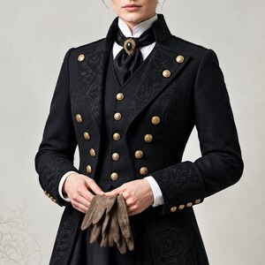 May include: A black long-sleeved coat featuring a high collar, gold-toned buttons, and tonal floral jacquard panels. The coat is worn over a matching vest, a white collared shirt, and a black cravat with an oval brooch. Brown gloves are held in front.