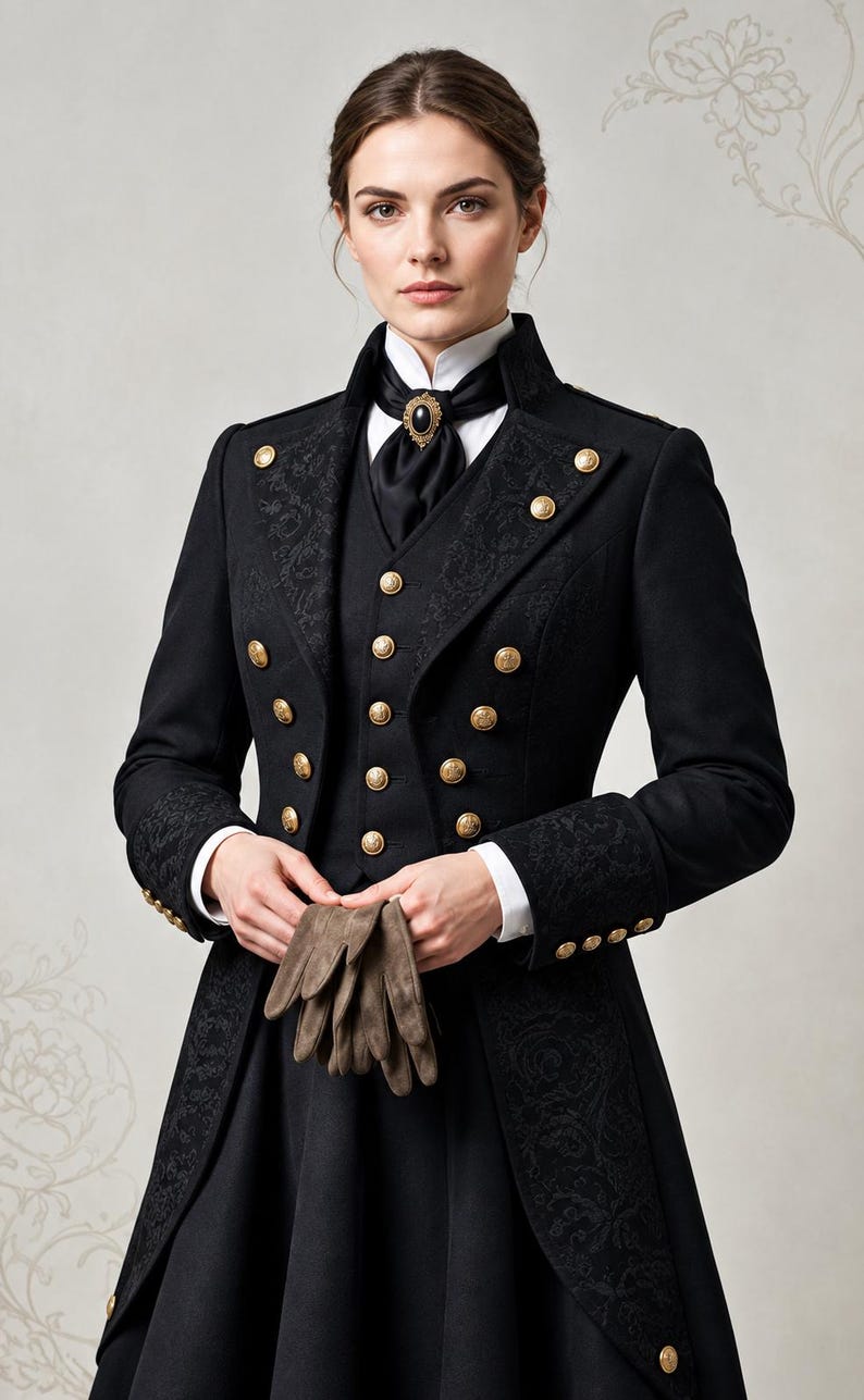 May include: A black long-sleeved coat featuring a high collar, gold-toned buttons, and tonal floral jacquard panels. The coat is worn over a matching vest, a white collared shirt, and a black cravat with an oval brooch. Brown gloves are held in front.