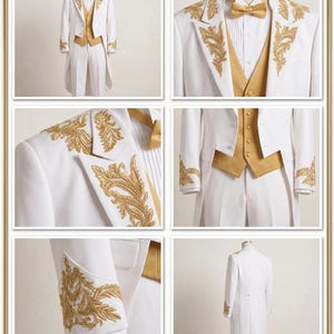 May include: A white tailcoat suit featuring gold embroidery on the lapels and cuffs, paired with a gold vest, a white pleated shirt, and a gold bow tie. The ensemble includes matching white trousers and is shown from multiple angles.