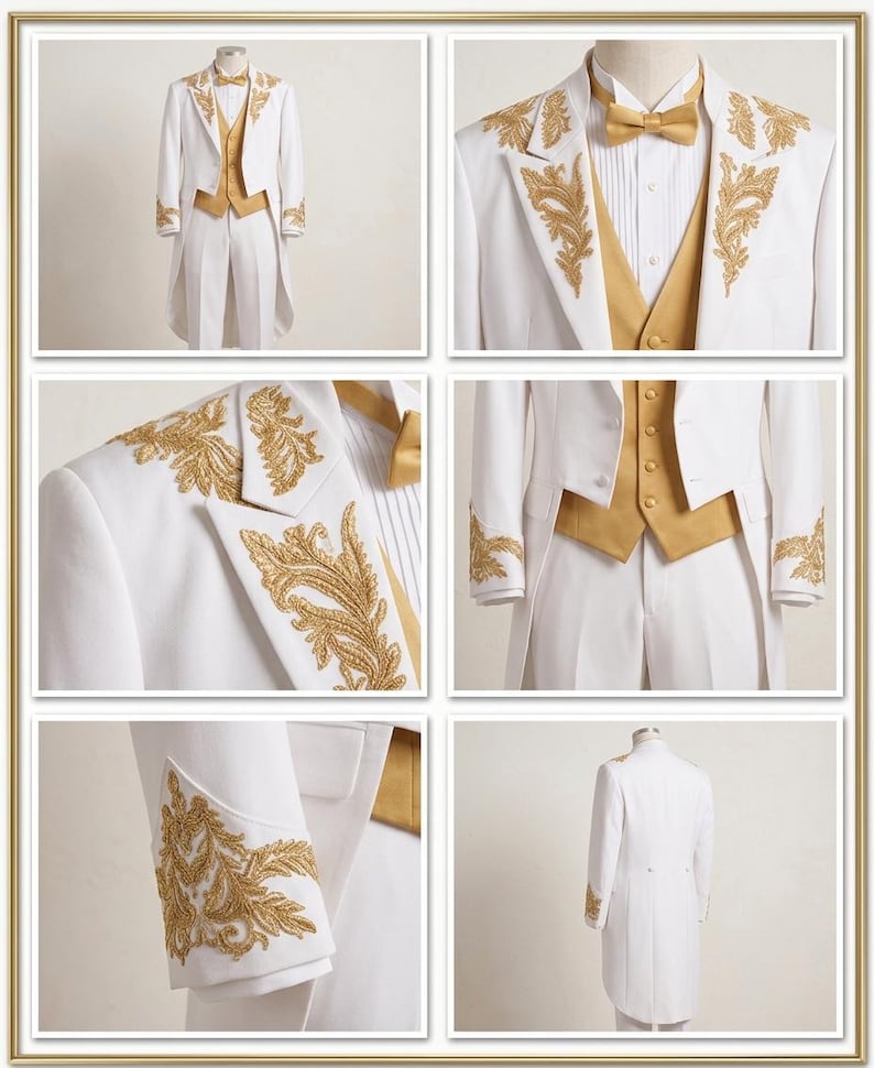May include: A white tailcoat suit featuring gold embroidery on the lapels and cuffs, paired with a gold vest, a white pleated shirt, and a gold bow tie. The ensemble includes matching white trousers and is shown from multiple angles.
