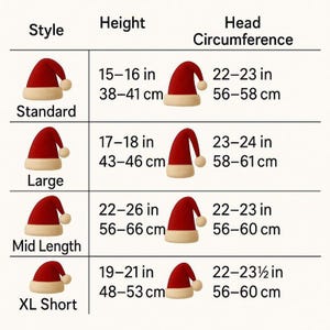 May include: A size chart for red and white Santa hats featuring four styles: Standard, Large, Mid Length, and XL Short. The table lists height and head circumference measurements in both inches and centimeters for each hat style.